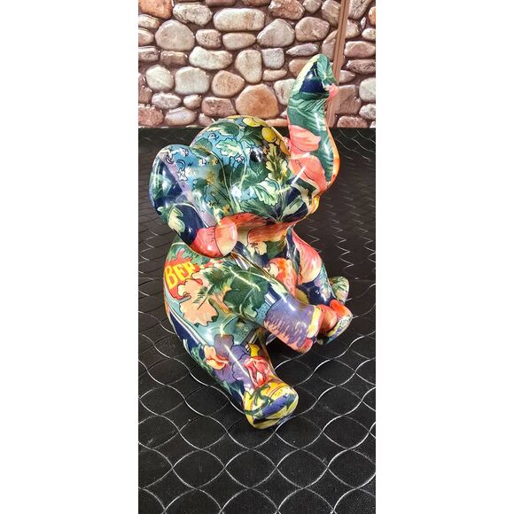 La Vie Sitting Elephant Trunk up Figurine Flora Patchwork Ceramic - Picture 8 of 16